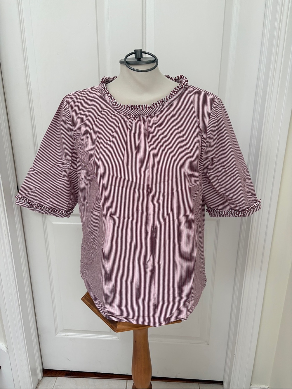 Talbots Pink and White Striped Ruffle Neck Blouse petite size XL